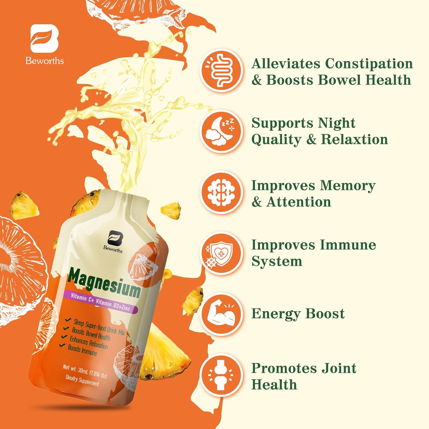 B BEWORTHS Pineapple Flavored Magnesium Citrate Liquid Supplement - High Absorption Oral Solution with Vitamins for Constipation, Sleep & Energy - 10 Fl Oz