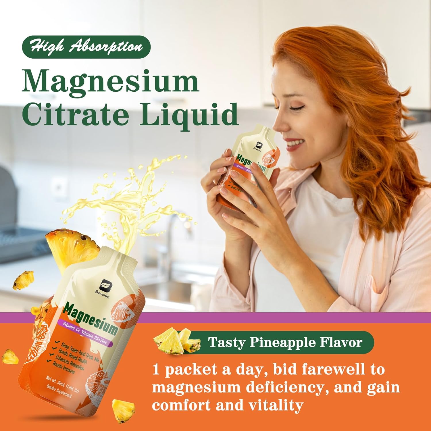 B BEWORTHS Pineapple Flavored Magnesium Citrate Liquid Supplement - High Absorption Oral Solution with Vitamins for Constipation, Sleep & Energy - 10 Fl Oz