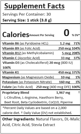 B-Epic B-CARDIO Nitric Oxide Booster with L-Arginine and L-Citrulline - Raspberry Health Drink for Enhanced Vitality - 30 Powder Sticks