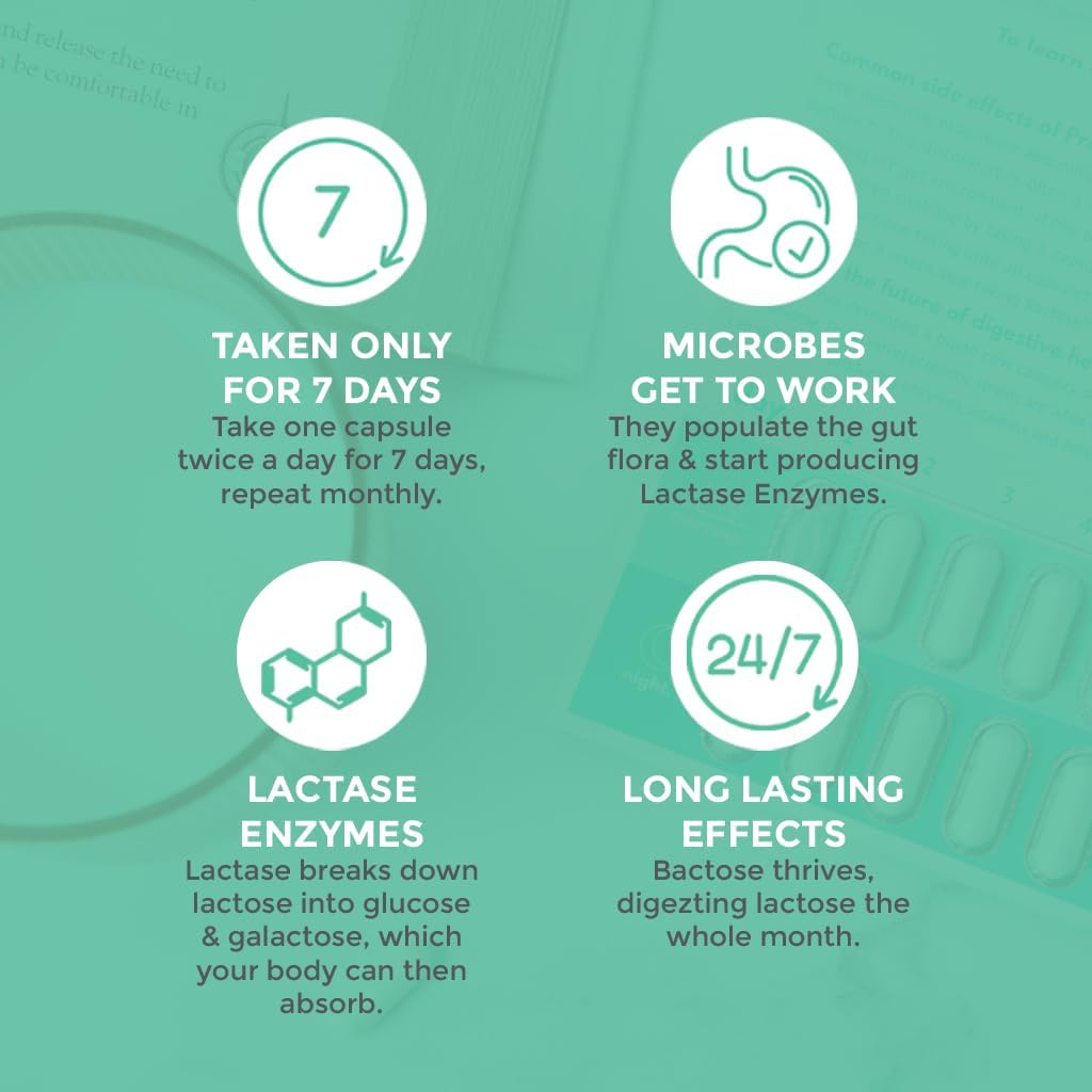 BACTOSE Probiotic Lactose Pills for Long-Term Relief and Dairy Enjoyment - Lactose Intolerance Supplement with Gut Lactase Enzymes - Natural Lactose Breakdown Support (7-Day Use, Monthly Repeat)