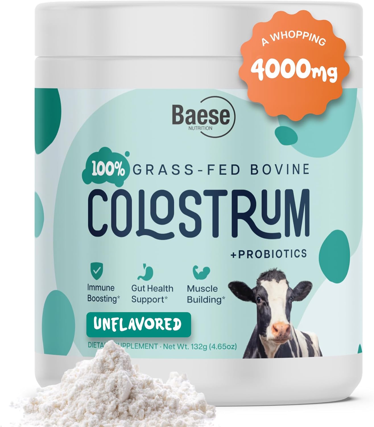 Baese Nutrition 4000mg Bovine Colostrum Powder Supplement with Probiotics - Unflavored Immunity Support for Kids & Adults (132g)