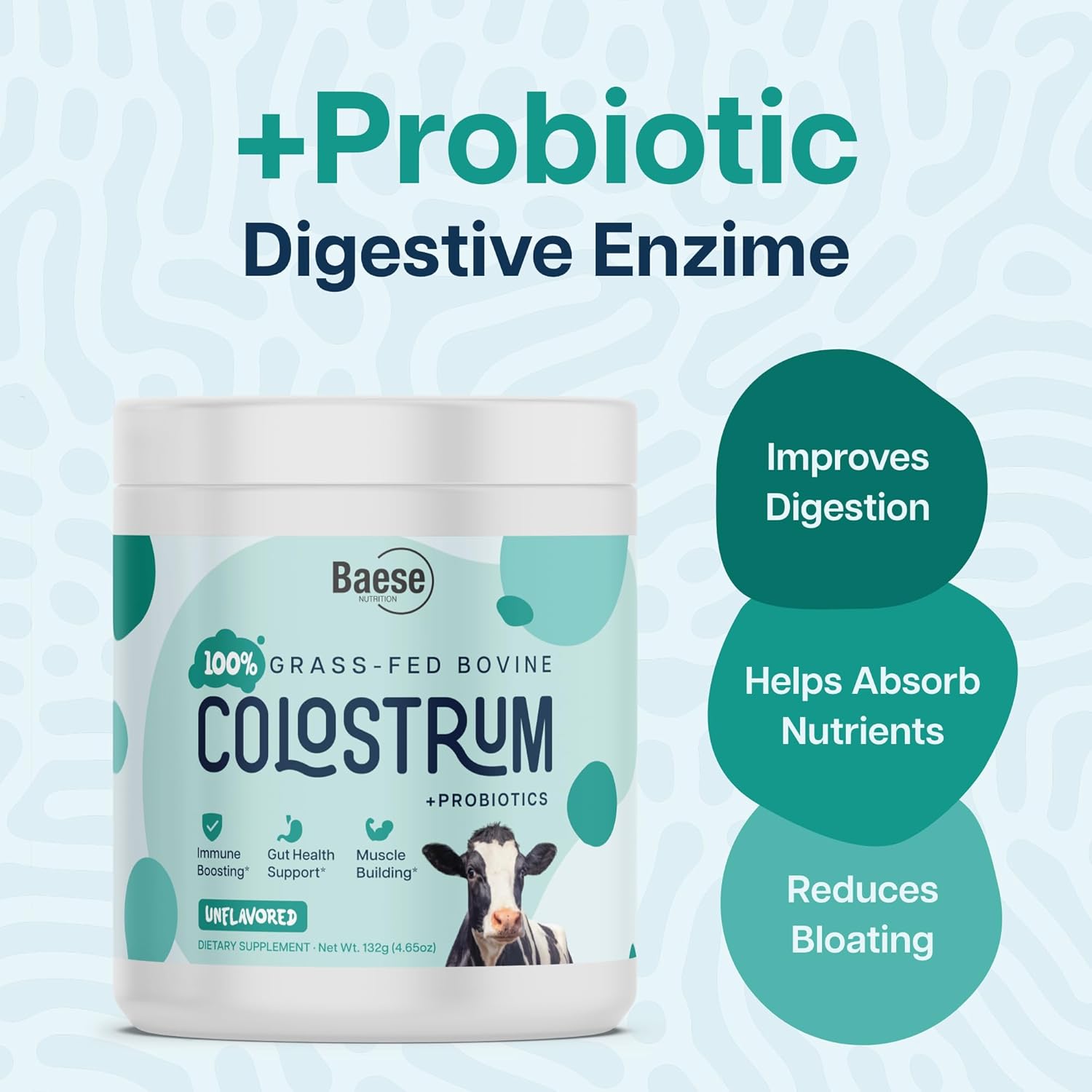 Baese Nutrition 4000mg Bovine Colostrum Powder Supplement with Probiotics - Unflavored Immunity Support for Kids & Adults (132g)