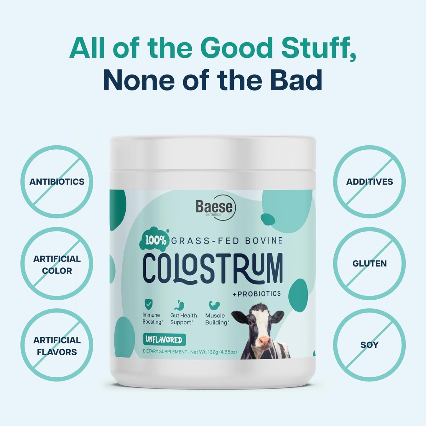 Baese Nutrition 4000mg Bovine Colostrum Powder Supplement with Probiotics - Unflavored Immunity Support for Kids & Adults (132g)