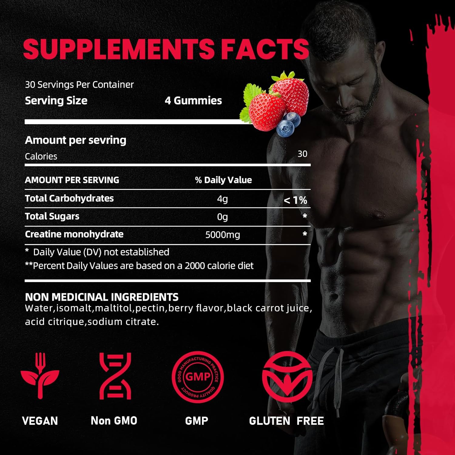 Bageto Creatine Monohydrate Gummies 5000mg - 120 Count, Sugar Free Pre-Workout Supplement for Enhanced Muscle Growth, Strength, and Recovery, Mixedberry Flavor for Men & Women