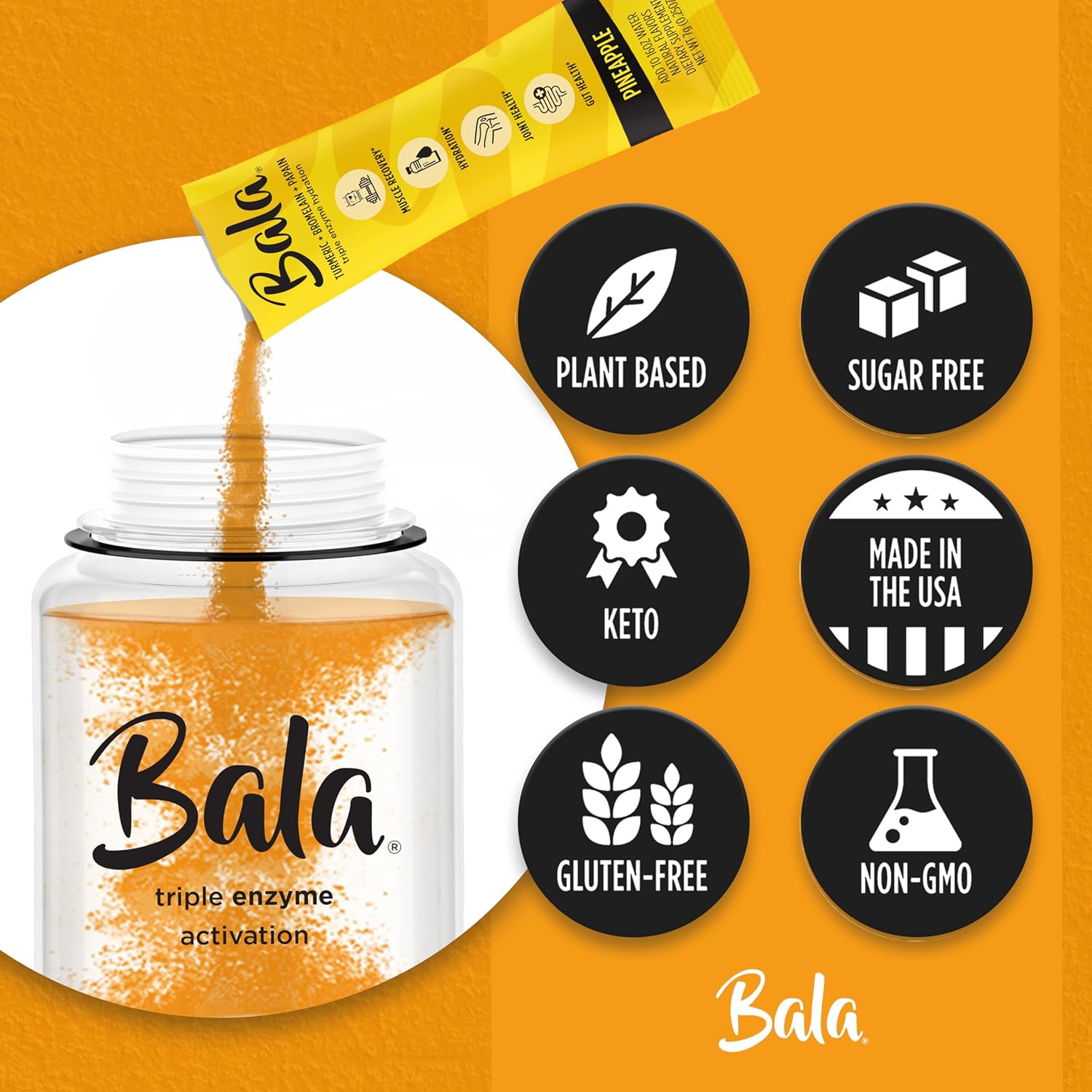 BALA Enzyme Hydration & Sugar-Free Electrolyte Drink Mix Variety Pack with Turmeric, Bromelain, Papain for Recovery, Immunity, and Mobility - 12 Count 0.25oz Packets
