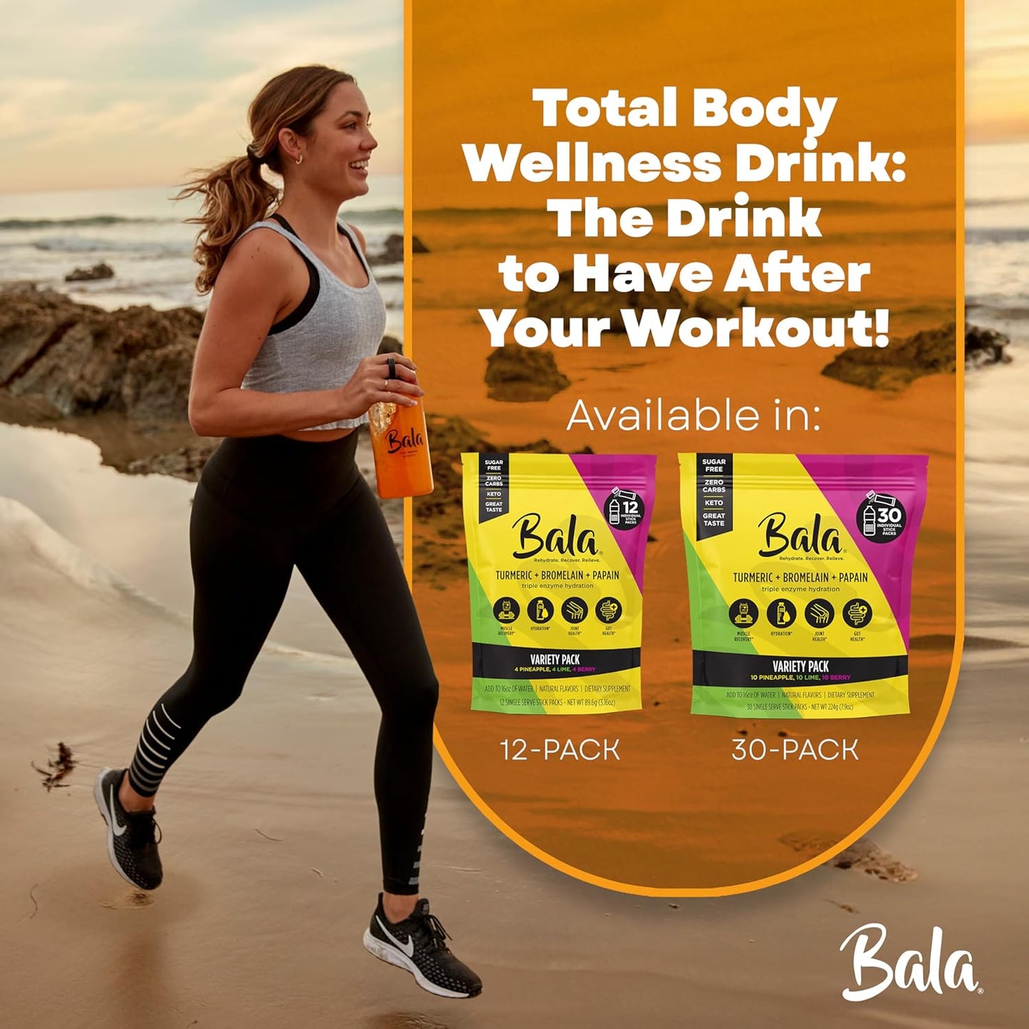 BALA Enzyme Hydration & Sugar-Free Electrolyte Drink Mix Variety Pack with Turmeric, Bromelain, Papain for Recovery, Immunity, and Mobility - 12 Count 0.25oz Packets