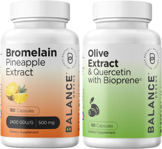 Balancebreens Bromelain 500mg & Olive Leaf Extract-Quercetin 400mg Combo for Immunity Boost - 180 Capsules with Bioperine Black Pepper Extract