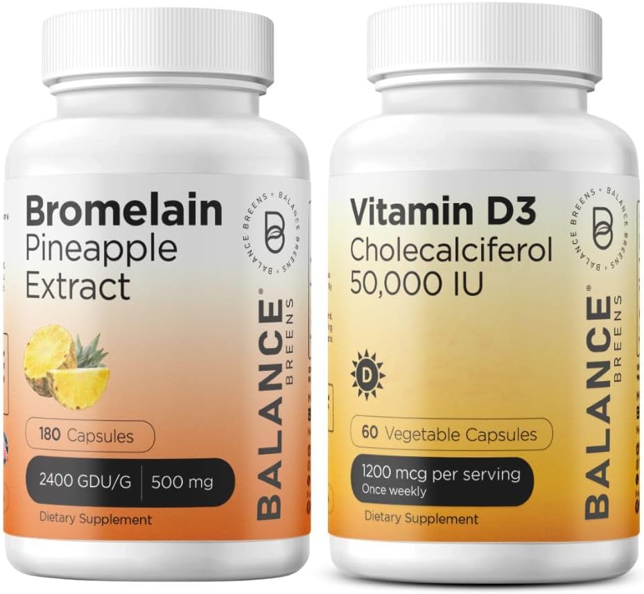 Balancebreens Bromelain 500mg with Vitamin D3 50,000 IU - 180 Capsules Supplement Combo