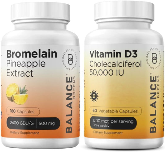 Balancebreens Bromelain 500mg with Vitamin D3 50,000 IU - 180 Capsules Supplement Combo