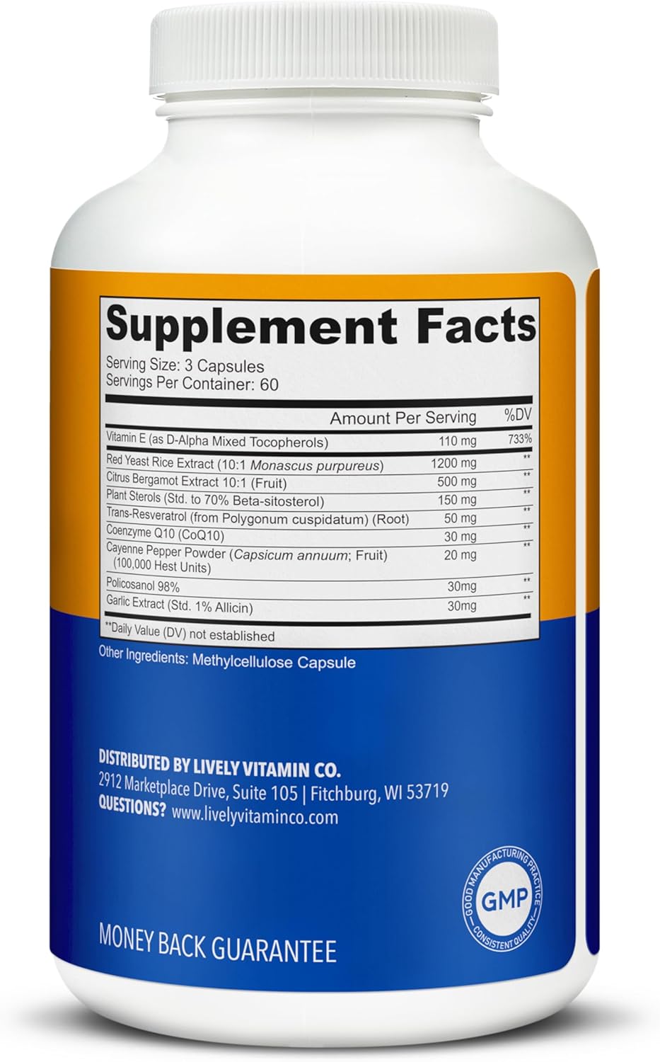 Balanced Cholesterol & Circulatory Health Supplement - Red Yeast Rice, Bergamot, Resveratrol - Statin Free - 180 Vegan Capsules