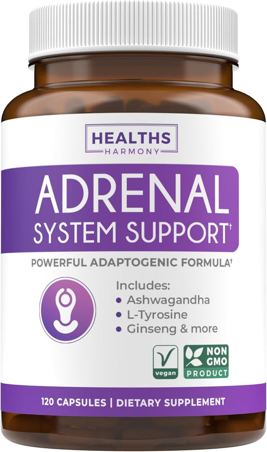 Balanced Cortisol Levels & Stress Relief Supplement with Ashwagandha & L-Tyrosine - 120 Non-GMO Capsules for Adrenal Health & Fatigue Support