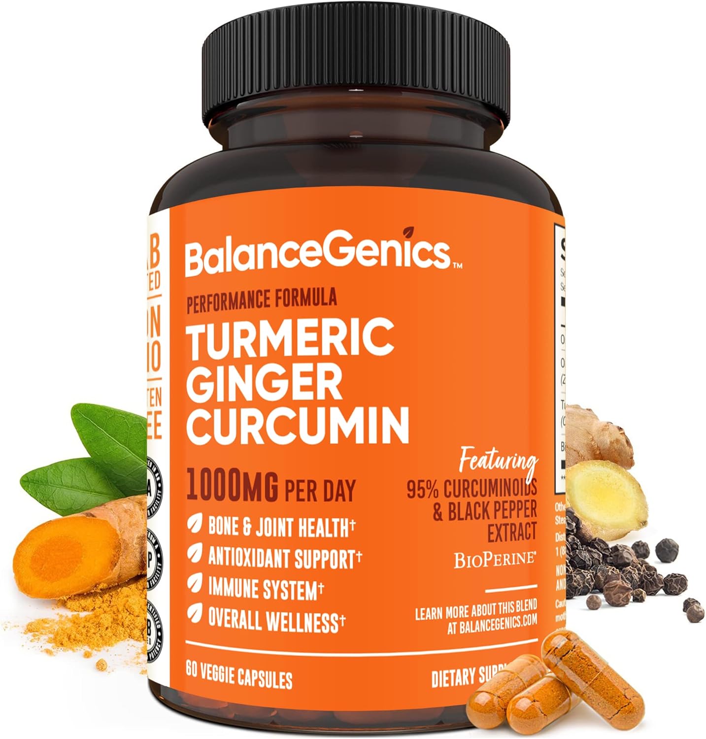 BalanceGenics Turmeric Curcumin Supplement 1000mg with Black Pepper & Ginger Root - 60 Capsules for Joint Health & Inflammation Support