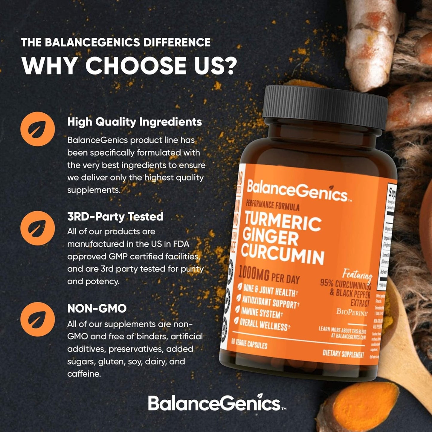 BalanceGenics Turmeric Curcumin Supplement 1000mg with Black Pepper & Ginger Root - 60 Capsules for Joint Health & Inflammation Support