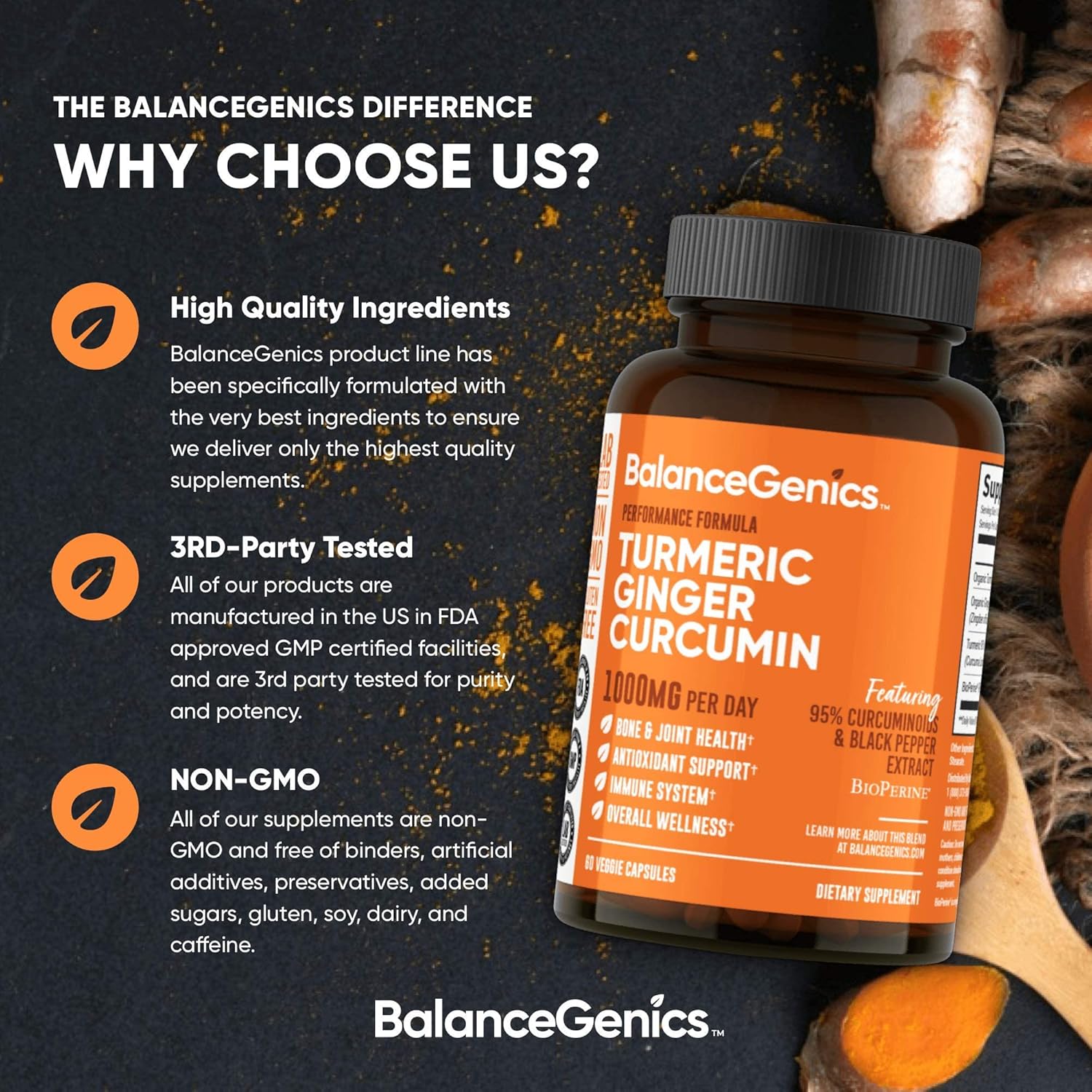 BalanceGenics Turmeric Curcumin Supplement 1000mg with Black Pepper & Ginger Root - 60 Capsules for Joint Health & Inflammation Support