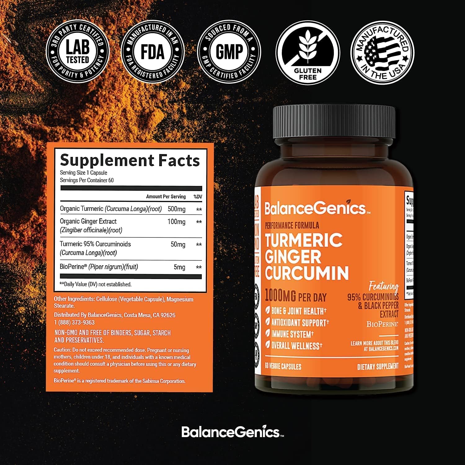 BalanceGenics Turmeric Curcumin Supplement 1000mg with Black Pepper & Ginger Root - 60 Capsules for Joint Health & Inflammation Support