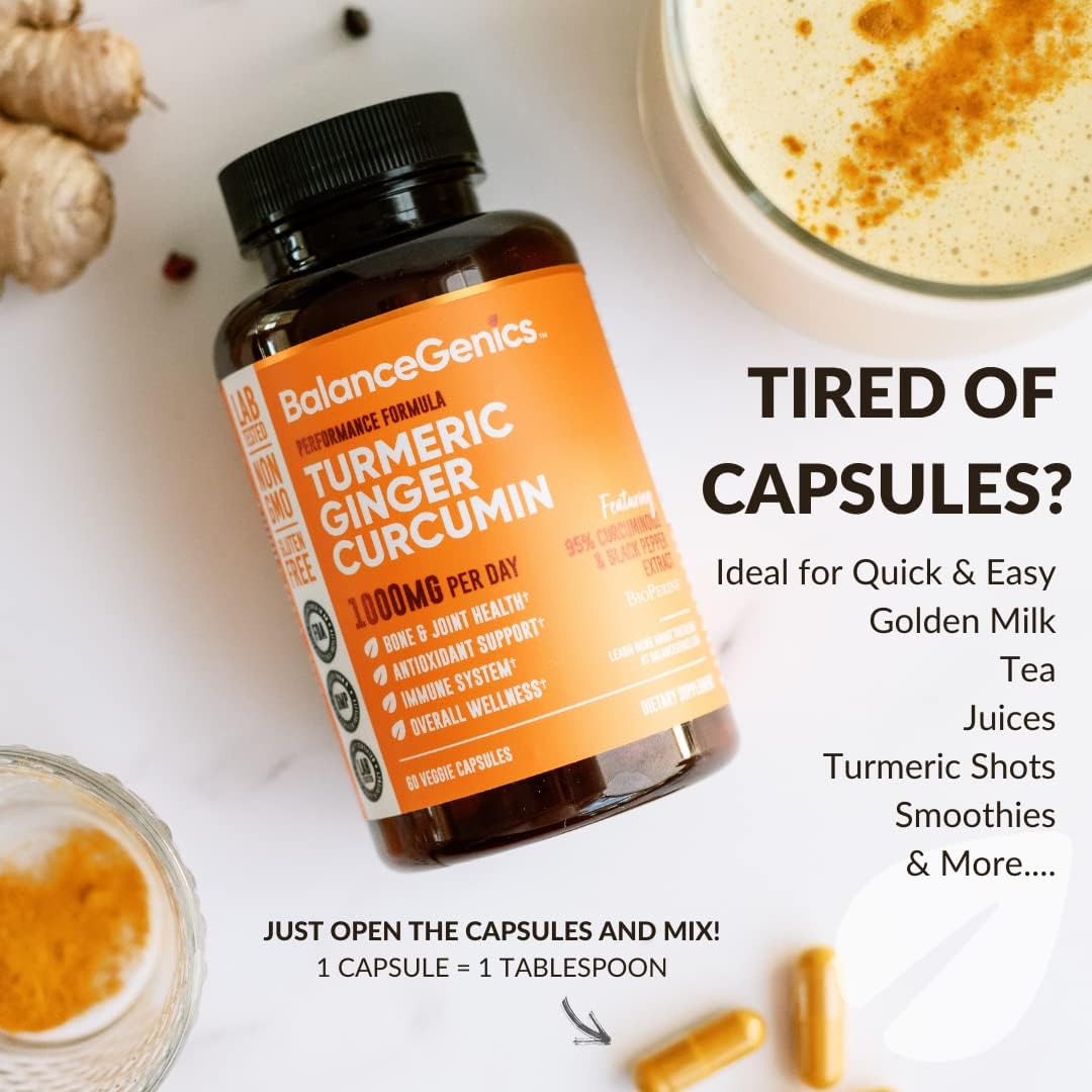 BalanceGenics Turmeric Curcumin Supplement 1000mg with Black Pepper & Ginger Root - 60 Capsules for Joint Health & Inflammation Support