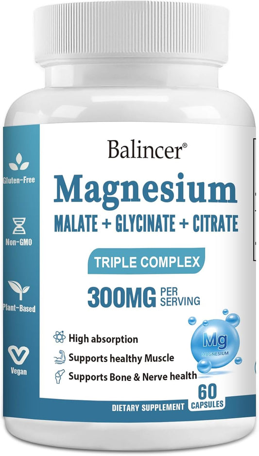 Balincer Triple Magnesium Complex 300 mg - Glycinate, Malate, Citrate - Support Muscle, Nerves, Energy, Heart Health - Non-GMO - 60 Capsules