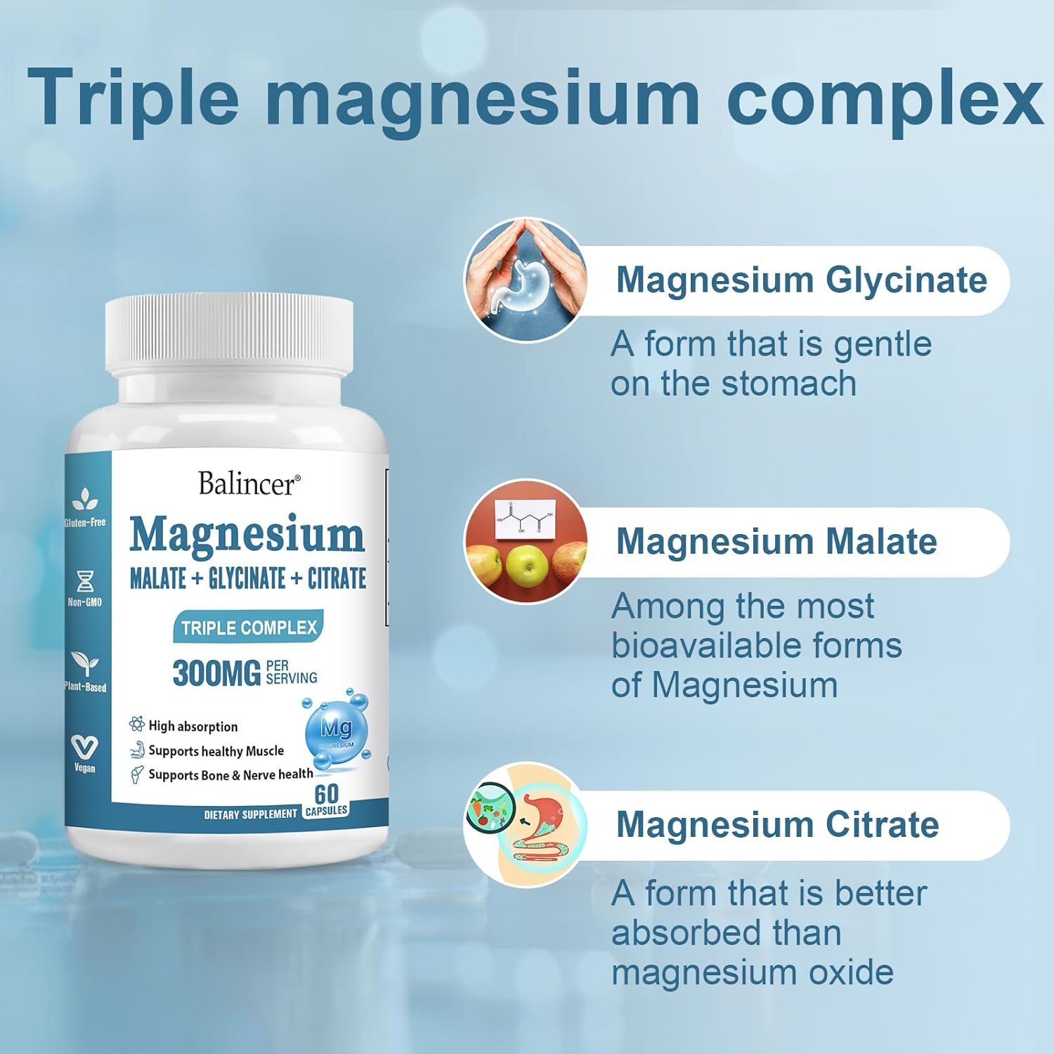 Balincer Triple Magnesium Complex 300 mg - Glycinate, Malate, Citrate - Support Muscle, Nerves, Energy, Heart Health - Non-GMO - 60 Capsules