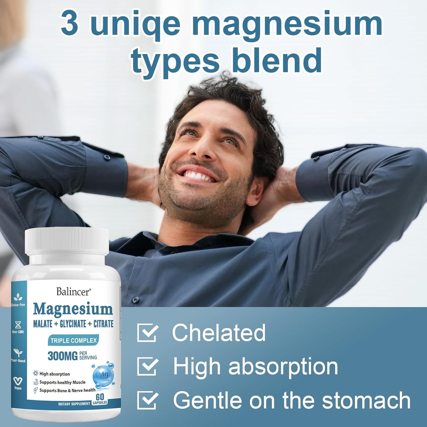 Balincer Triple Magnesium Complex 300 mg - Glycinate, Malate, Citrate - Support Muscle, Nerves, Energy, Heart Health - Non-GMO - 60 Capsules