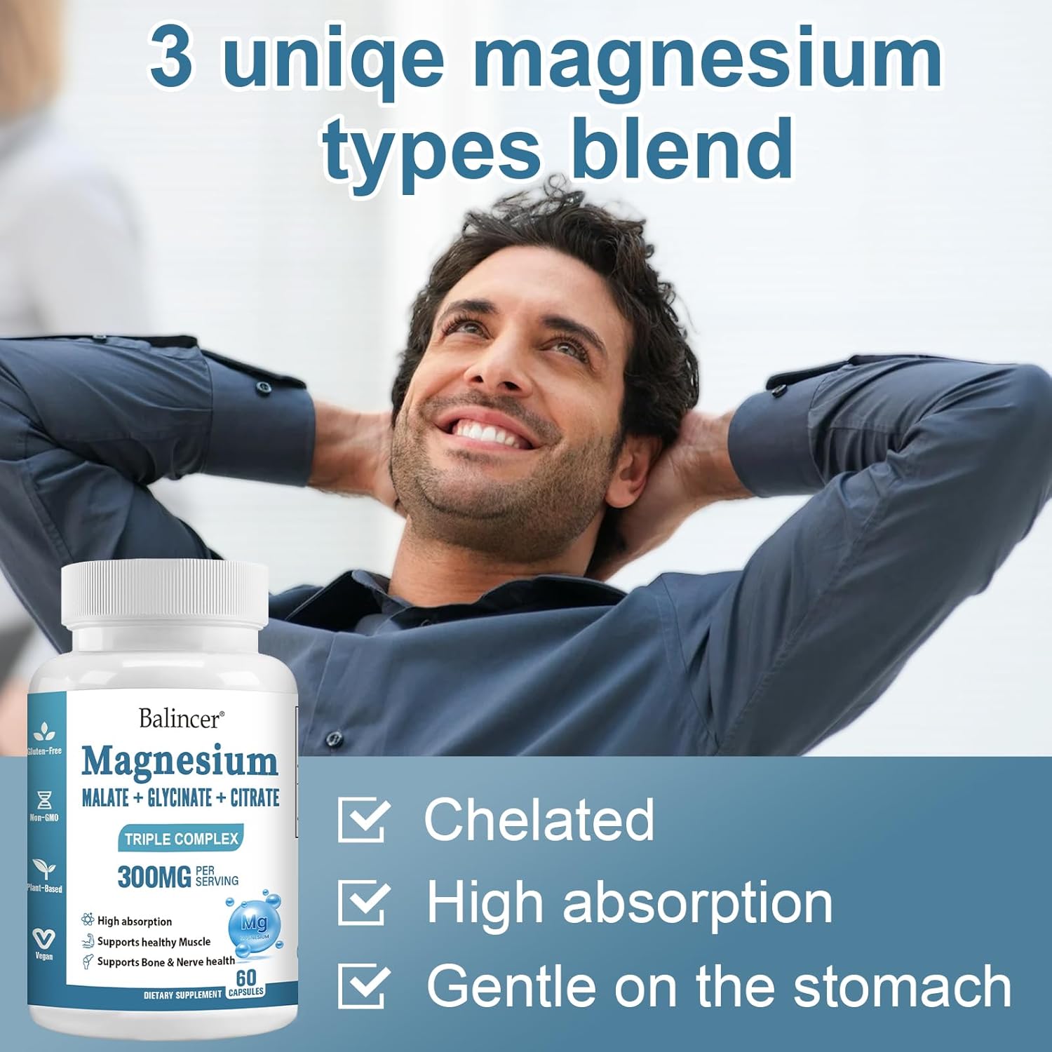 Balincer Triple Magnesium Complex 300 mg - Glycinate, Malate, Citrate - Support Muscle, Nerves, Energy, Heart Health - Non-GMO - 60 Capsules