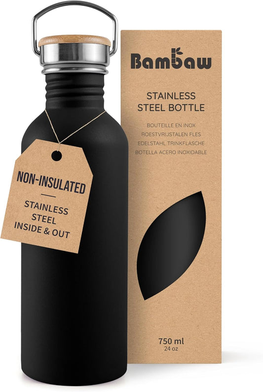 Bambaw 24 oz Black Metal Water Bottle, Stainless Steel, BPA Free, Reusable, Portable