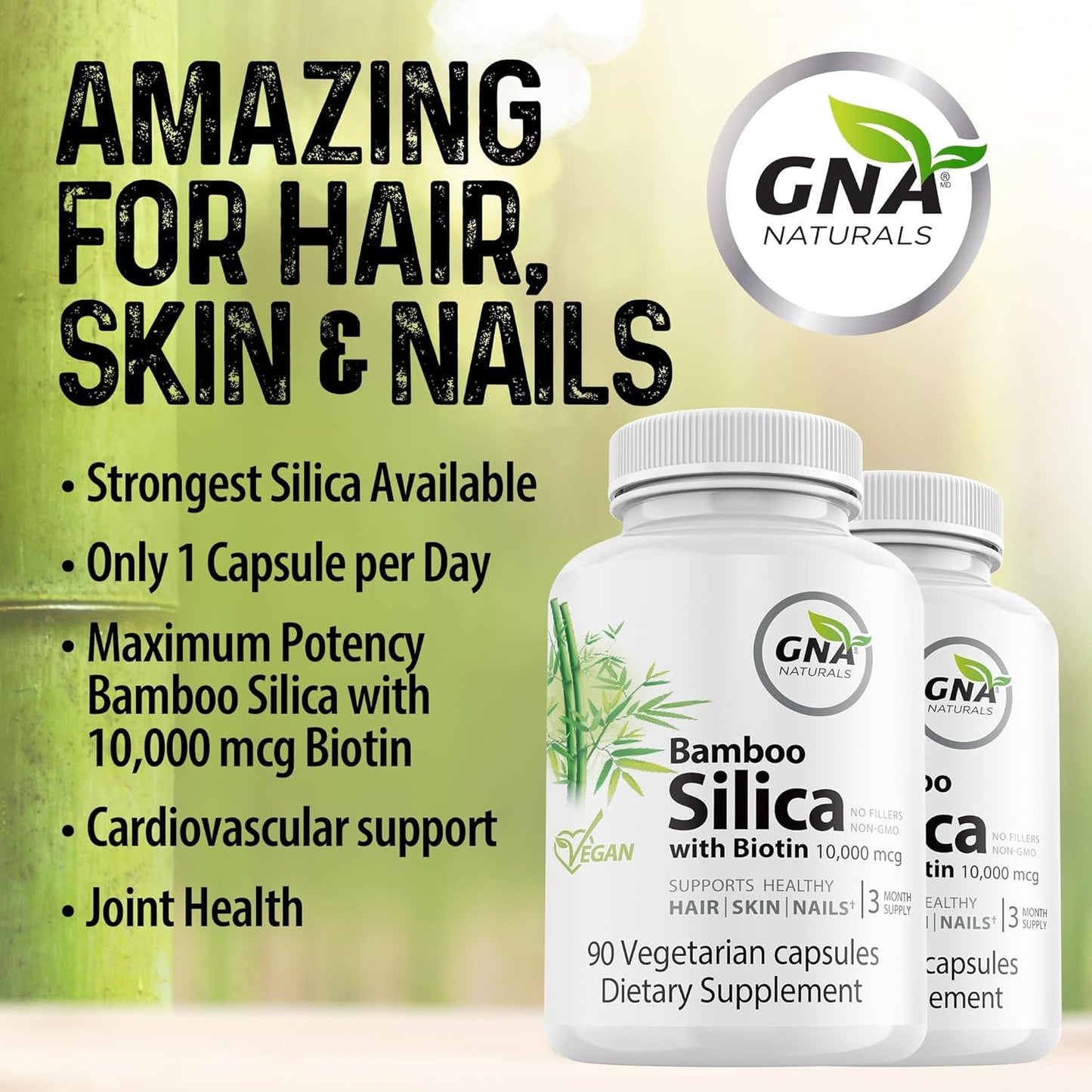 Bamboo Silica with Biotin 10000mcg - Joint and Hair Health Supplement - 90 v-caps - GNA Naturals