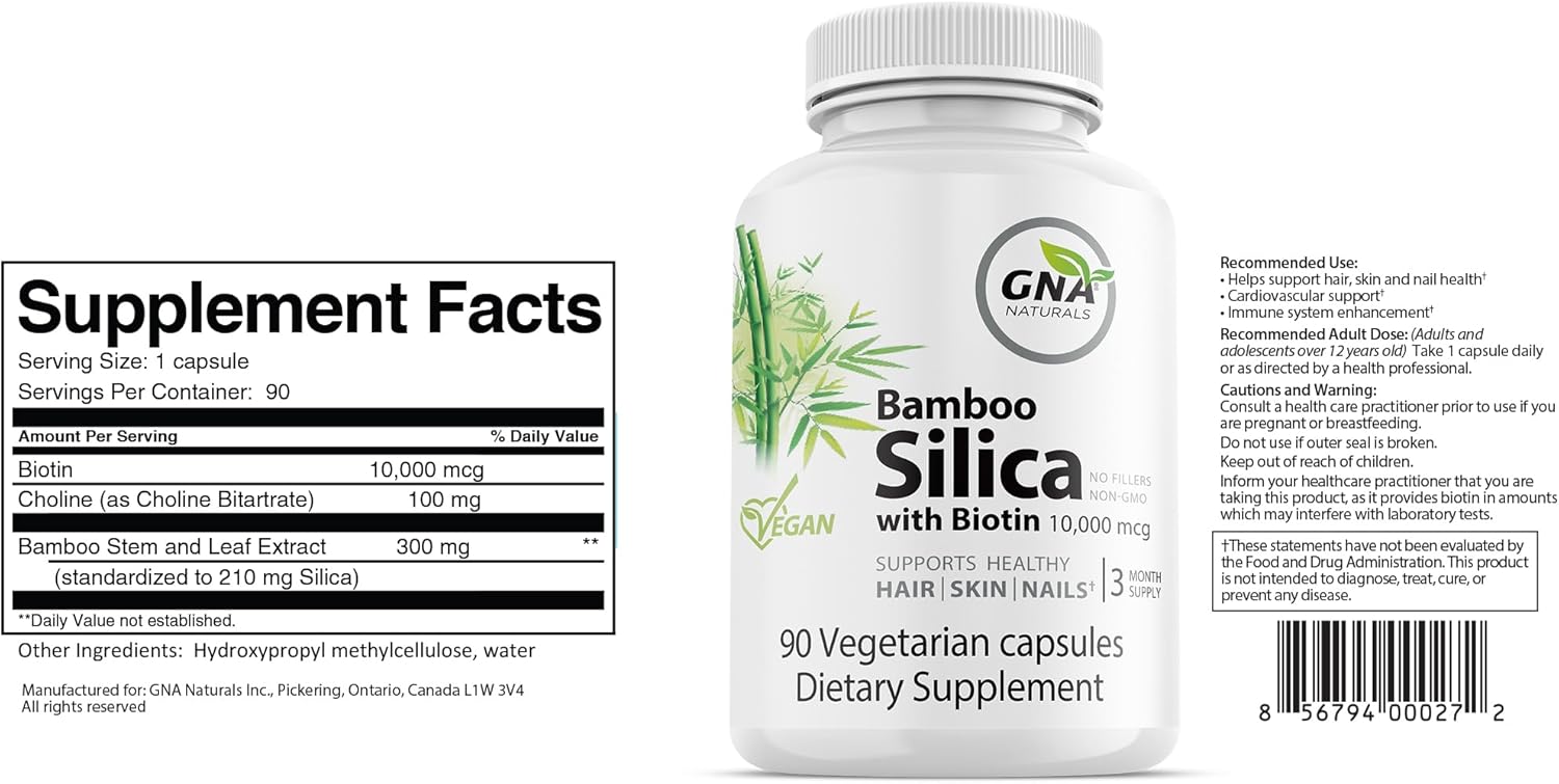 Bamboo Silica with Biotin 10000mcg - Joint and Hair Health Supplement - 90 v-caps - GNA Naturals