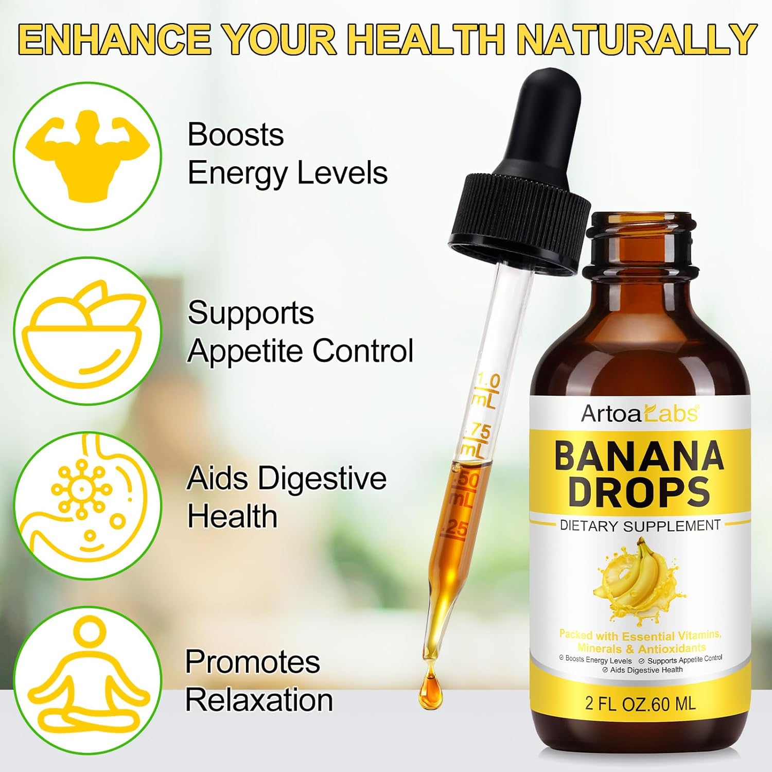 Banana Drops Liquid Supplement - Rich in Vitamins, Minerals, Antioxidants - Promotes Digestive Health