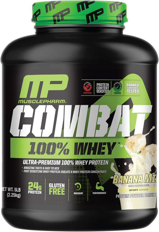 Banana Milk Flavor Whey Protein Powder for Fast Recovery & Muscle Gain - Muscle Pharm Combat 100% Whey Protein, High Protein Isolate for Women & Men, Gluten Free - 5 lb, 70 Servings