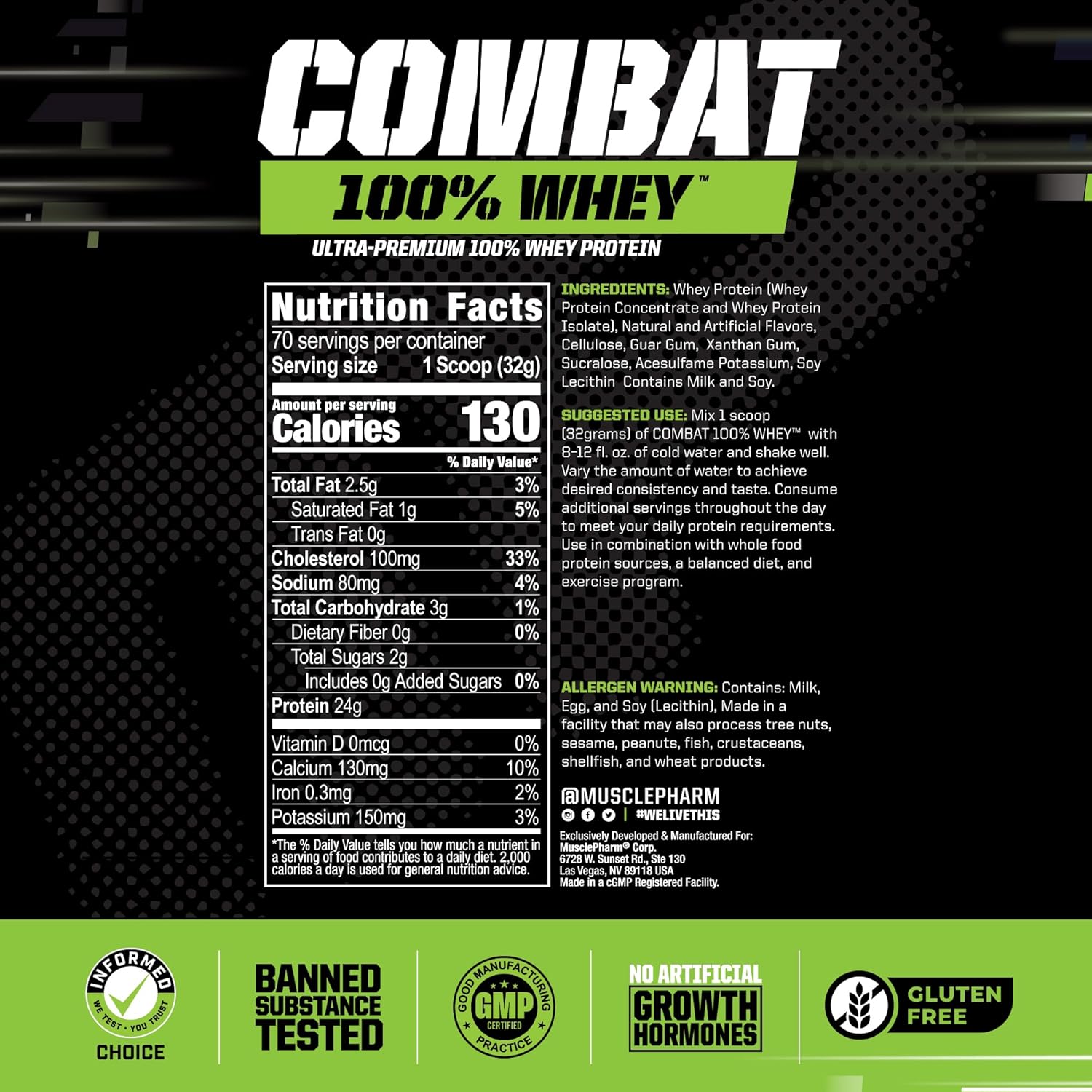 Banana Milk Flavor Whey Protein Powder for Fast Recovery & Muscle Gain - Muscle Pharm Combat 100% Whey Protein, High Protein Isolate for Women & Men, Gluten Free - 5 lb, 70 Servings