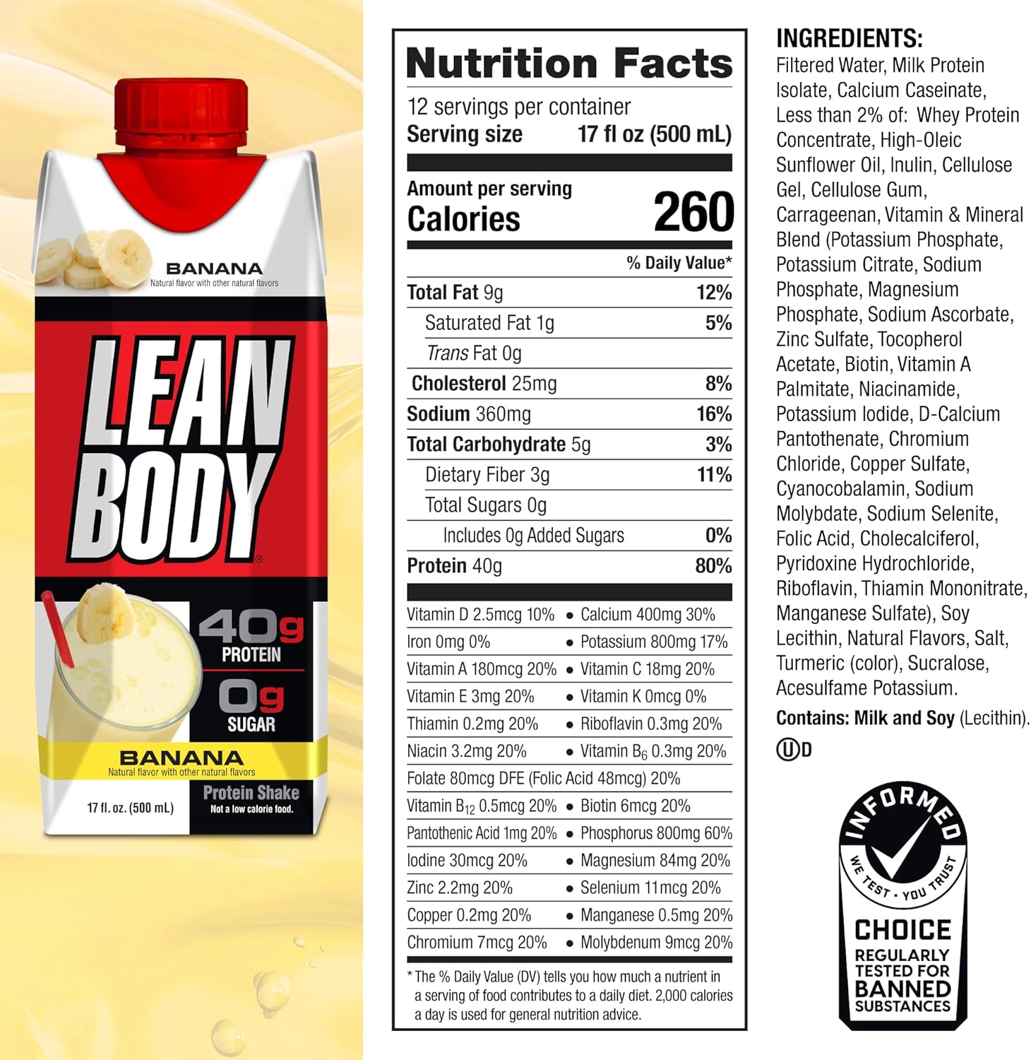 Banana Protein Shake: 40g Protein, Whey Blend, 0 Sugar, Gluten Free, 22 Vitamins & Minerals - 17oz Pack of 12 - LABRADA