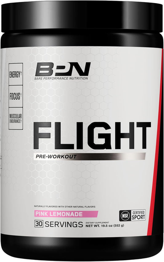 BARE PERFORMANCE NUTRITION BPN Flight Pre Workout - Pink Lemonade Flavor, Energy Boost, Mental Focus, Endurance, Muscle Pumps - 30 Servings