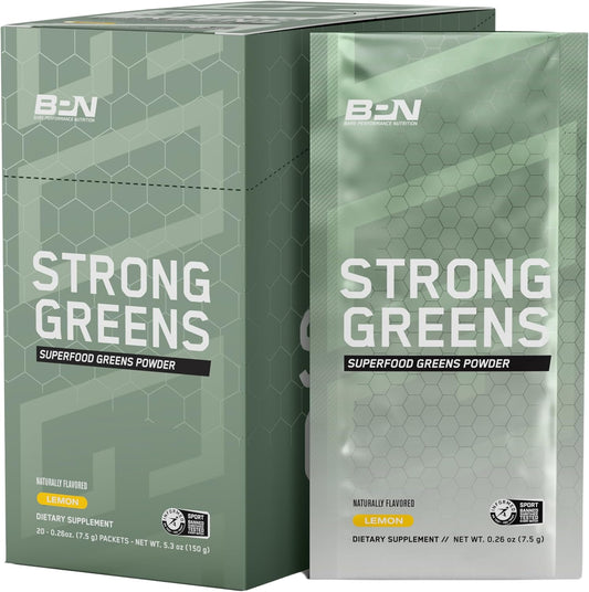 BARE PERFORMANCE NUTRITION BPN Strong Greens Lemon Superfood Powder Drink Mix Packets - Convenient Go Packs