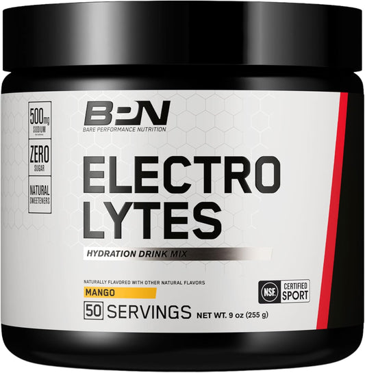 BARE PERFORMANCE NUTRITION Electrolyte Hydration Drink Mix - Sugar Free Powder with 500mg Sodium - Mango Flavor, 50 Servings
