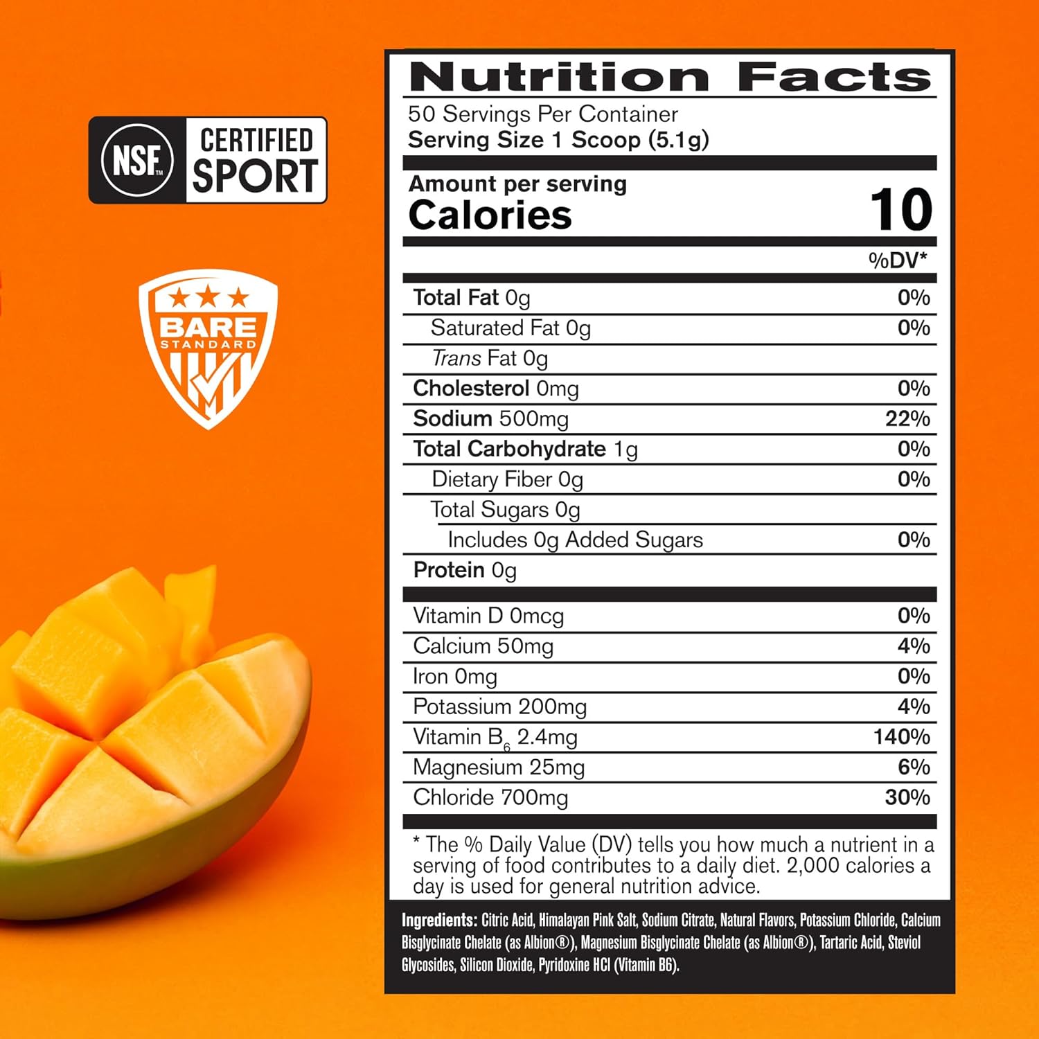 BARE PERFORMANCE NUTRITION Electrolyte Hydration Drink Mix - Sugar Free Powder with 500mg Sodium - Mango Flavor, 50 Servings