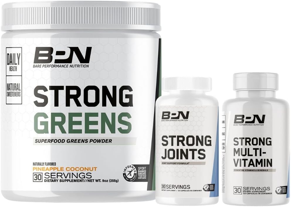 Bare Performance Nutrition Strong Greens Superfood Powder + Joint & Multi-Vitamin Bundle