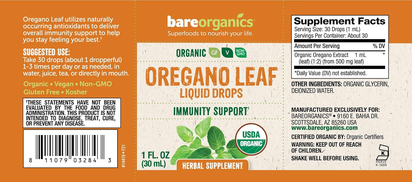 BareOrganics Oregano Leaf Liquid Drops - Immune Support Herbal Supplement - 1oz