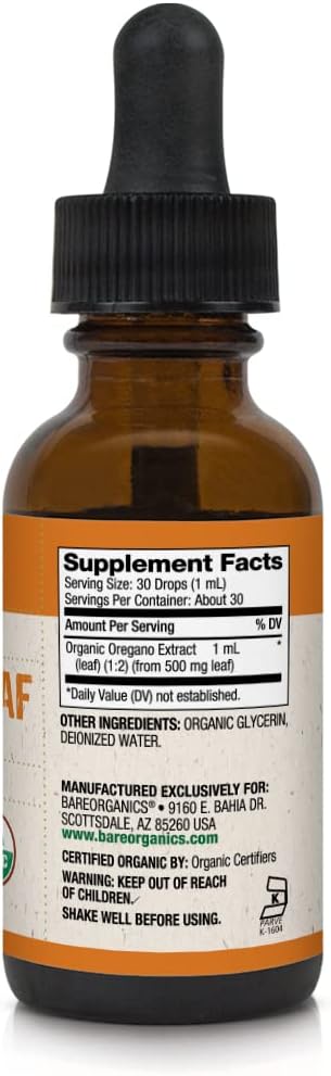 BareOrganics Oregano Leaf Liquid Drops - Immune Support Herbal Supplement - 1oz