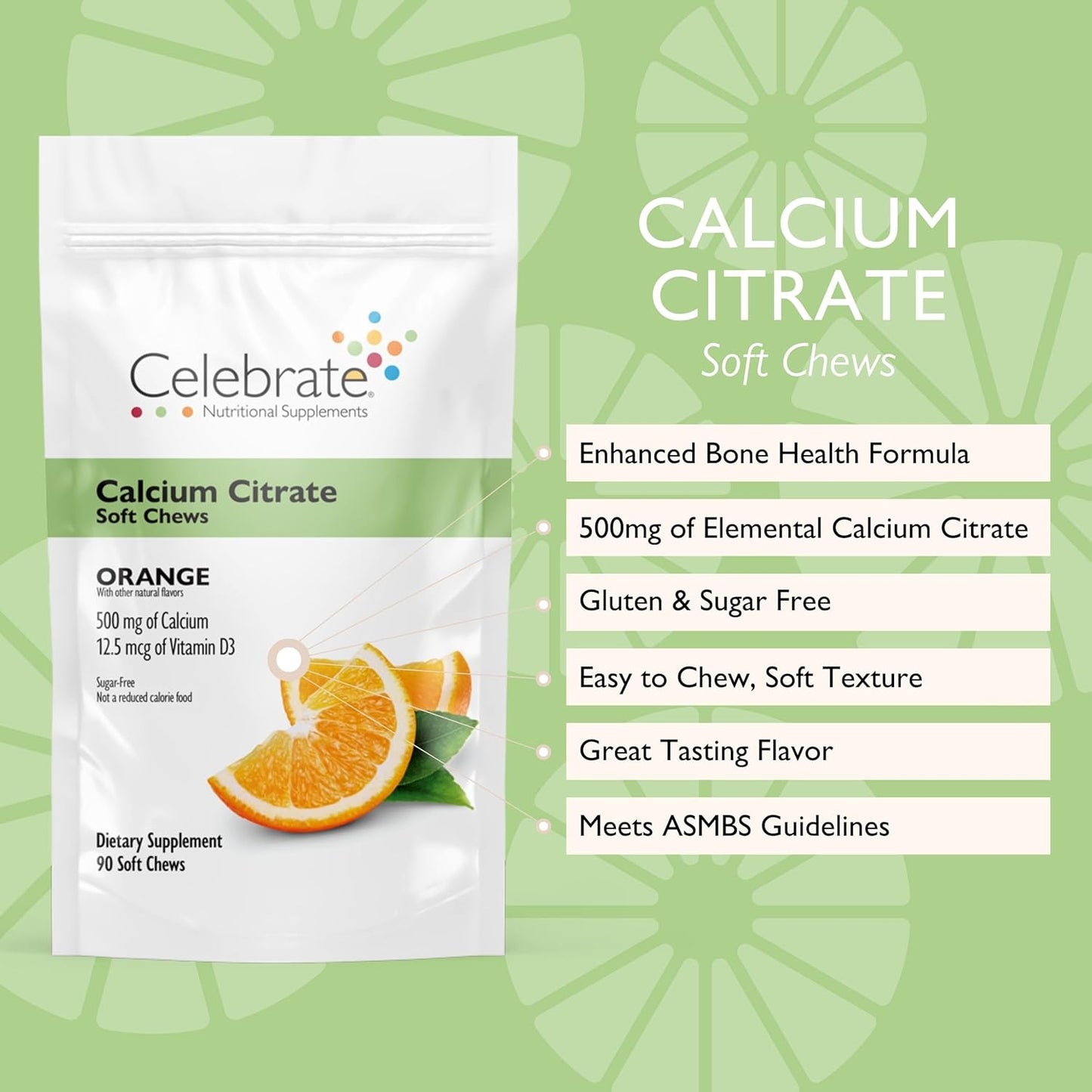 Bariatric 500mg Calcium Citrate Soft Chews with Vitamin D3 for Gastric Bypass - Sugar & Gluten Free - Orange Flavor - 270 Chews