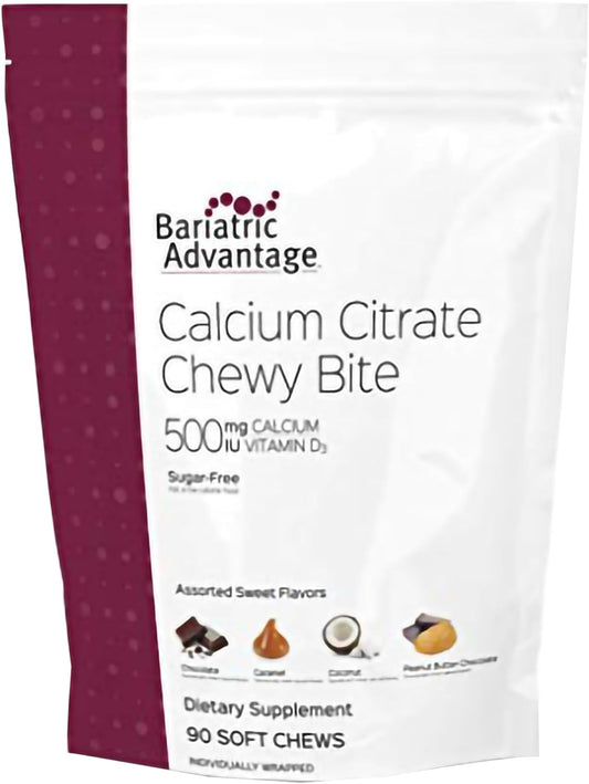 Bariatric Advantage Calcium Citrate Chewy Bites 500mg with Vitamin D3 - Sugar Free, Assorted Sweet Flavor, 90 Count for Gastric Bypass & Sleeve Gastrectomy