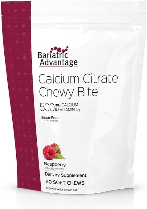 Bariatric Advantage Calcium Citrate Chewy Bites 500 mg - Vitamin D3 - Sugar-Free Chewable Supplement - Raspberry Flavor - 90 Count for Bariatric Patients