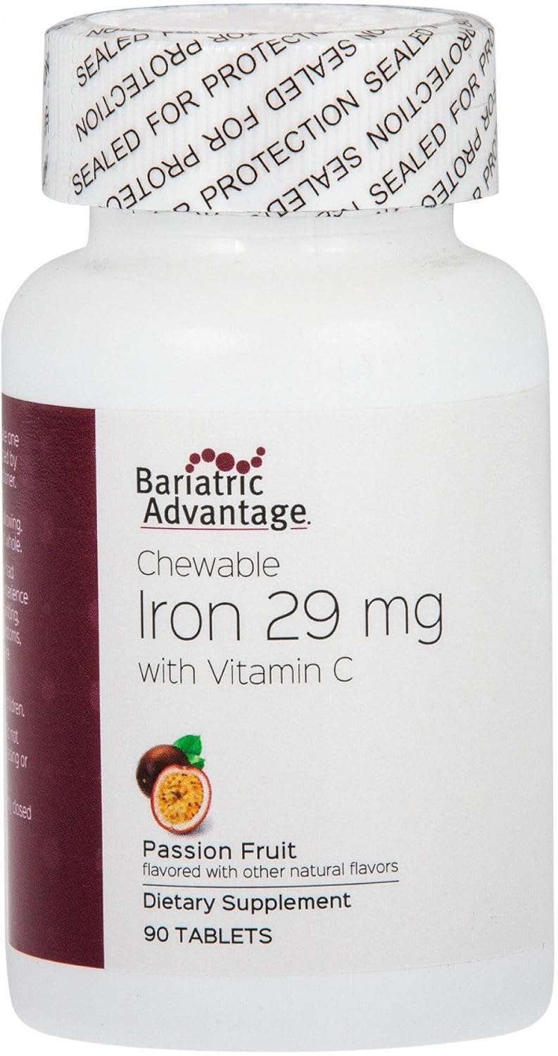 Bariatric Advantage Chewable Iron 29 mg with Vitamin C - Iron Supplement for Bariatric Surgery - No Iron Taste - Passion Fruit Flavor - 90 Count