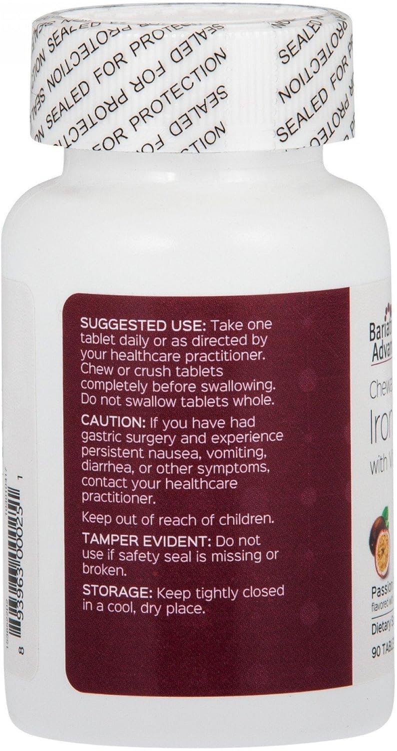 Bariatric Advantage Chewable Iron 29 mg with Vitamin C - Iron Supplement for Bariatric Surgery - No Iron Taste - Passion Fruit Flavor - 90 Count