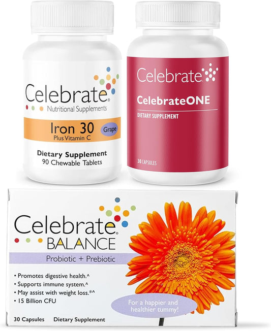 Bariatric Bundle: CelebrateONE Multivitamin, Iron Chewables, Balance Probiotic - Nutrition & Digestive Support for WLS Recovery