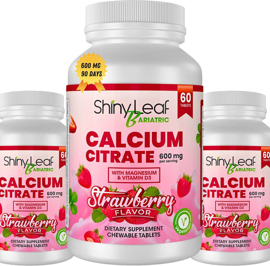 Bariatric Calcium Citrate 600mg Chewable Tablets with Magnesium & Vitamin D3 - 180 Ct, Natural Strawberry Flavor, Vegetarian Formula for Surgery Patients