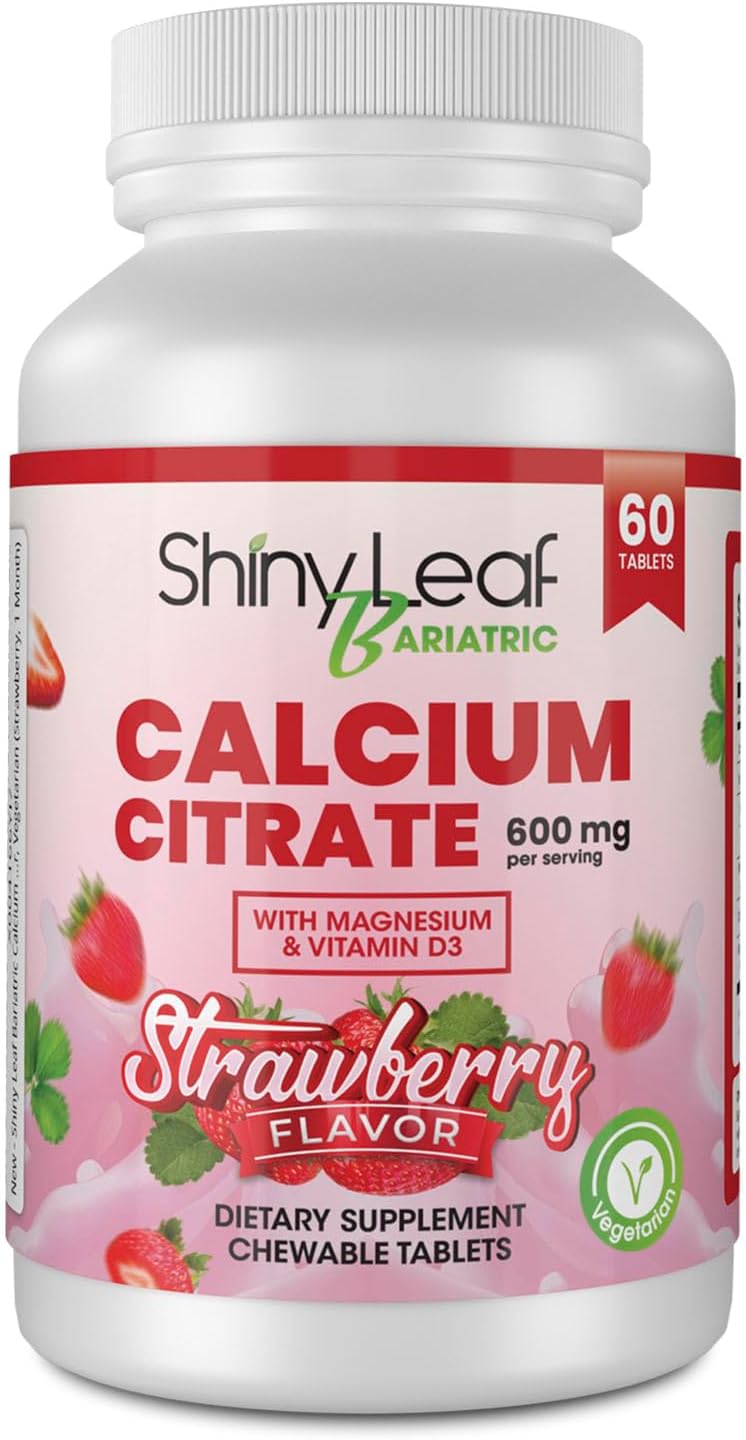 Bariatric Calcium Citrate 600mg Chewable Tablets with Magnesium & Vitamin D3 - 180 Ct, Natural Strawberry Flavor, Vegetarian Formula for Surgery Patients