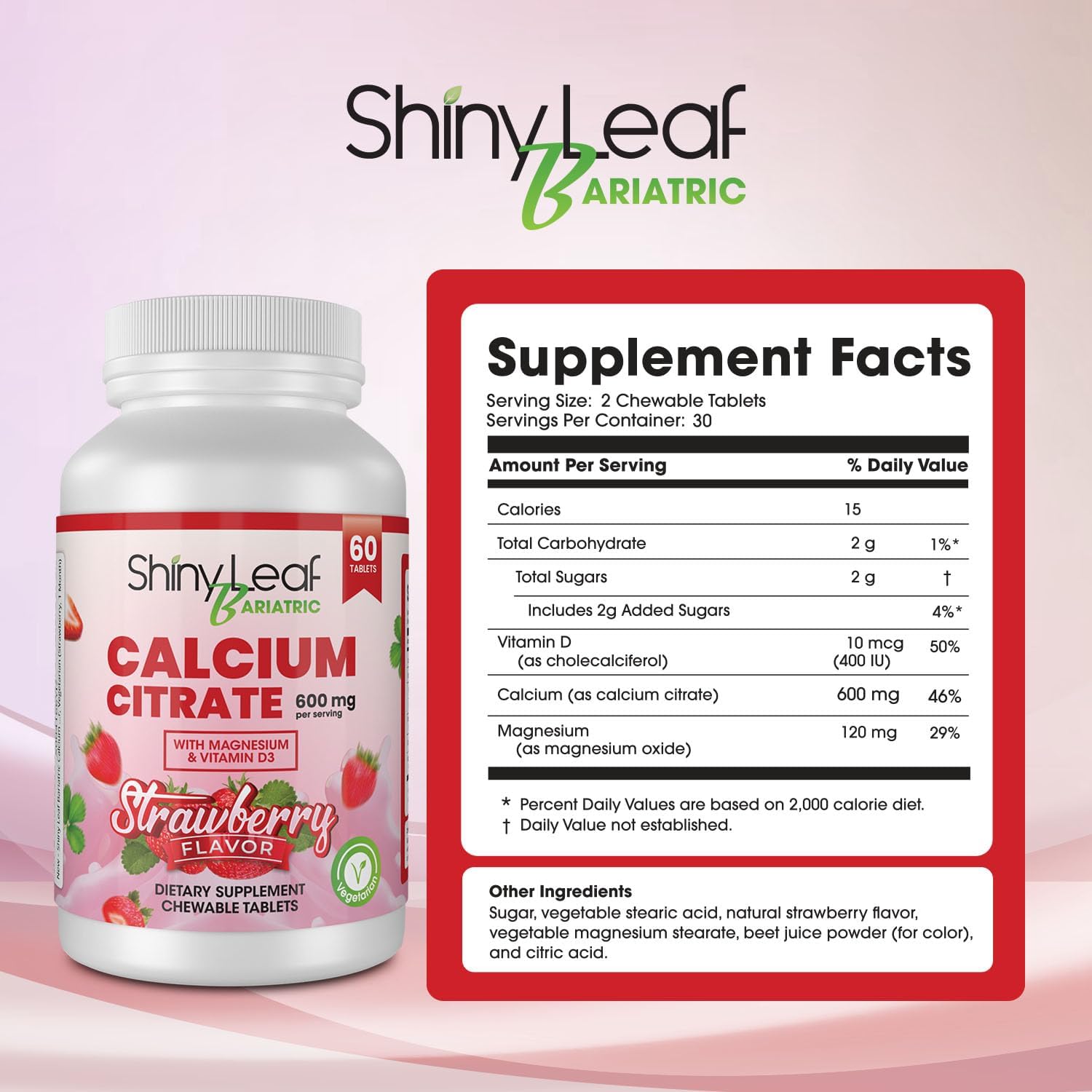 Bariatric Calcium Citrate 600mg Chewable Tablets with Magnesium & Vitamin D3 - 180 Ct, Natural Strawberry Flavor, Vegetarian Formula for Surgery Patients