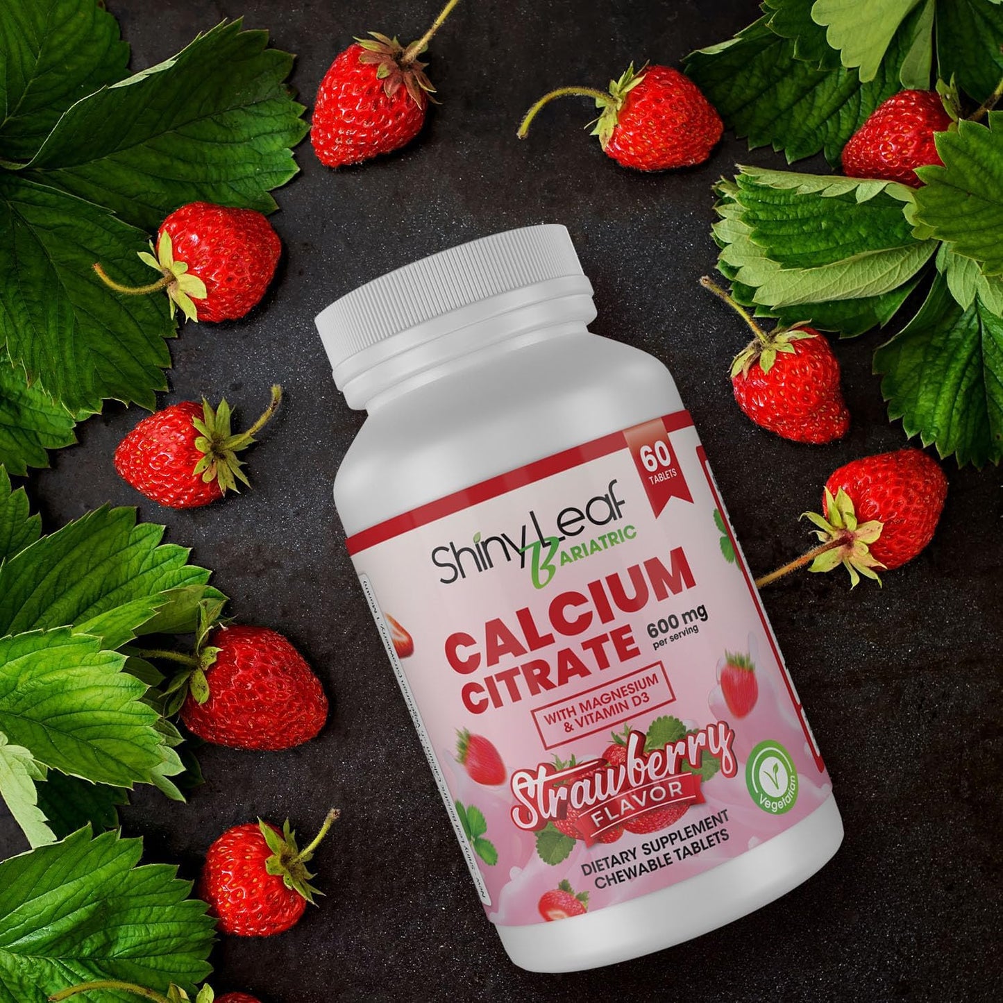 Bariatric Calcium Citrate 600mg Chewable Tablets with Magnesium & Vitamin D3 - 180 Ct, Natural Strawberry Flavor, Vegetarian Formula for Surgery Patients