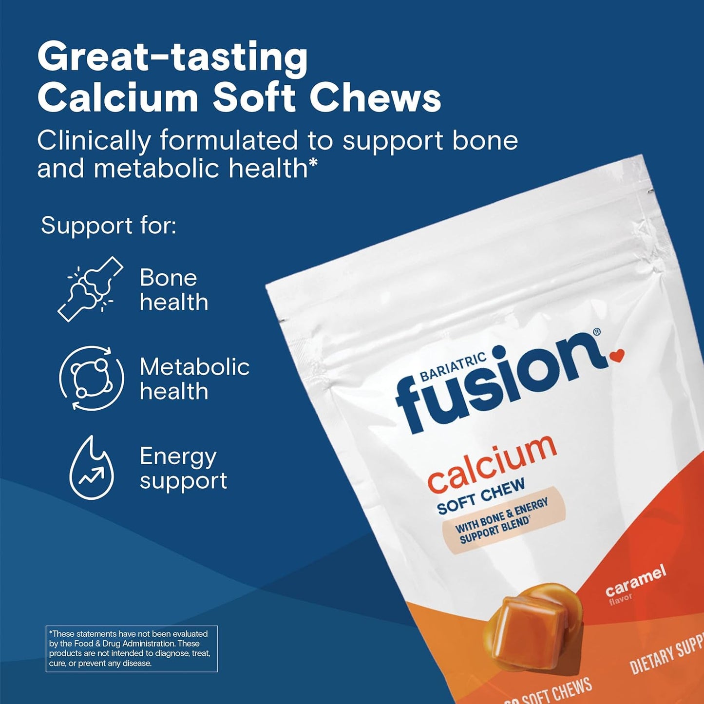 Bariatric Fusion Calcium Citrate Chews with Vitamin D3 - 500mg Sugar-Free Chewables, Caramel Flavor - 60 Count