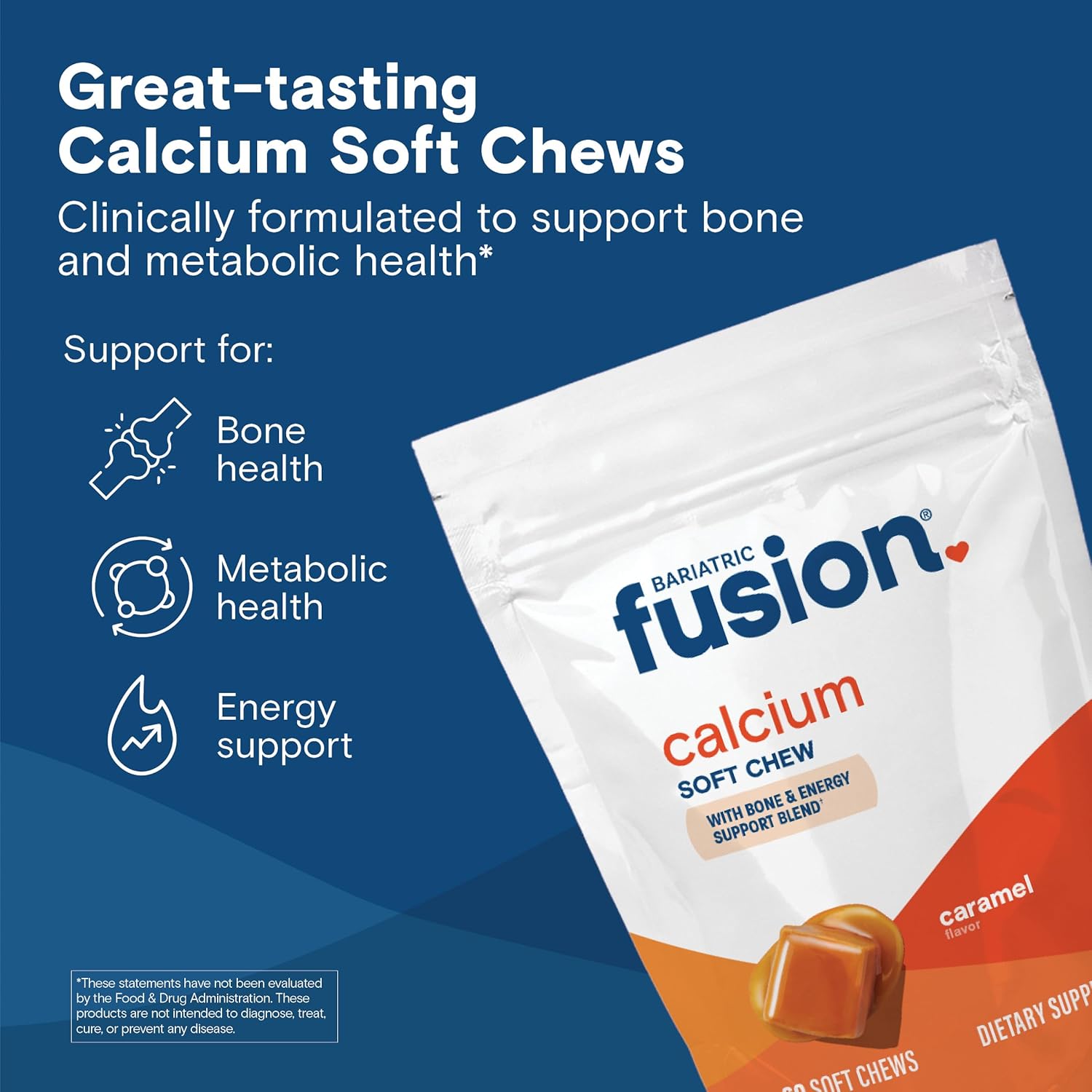 Bariatric Fusion Calcium Citrate Chews with Vitamin D3 - 500mg Sugar-Free Chewables, Caramel Flavor - 60 Count
